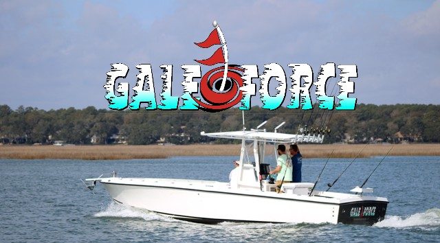 Fishing boat on water with 'Gale Force' text and red flag graphic.